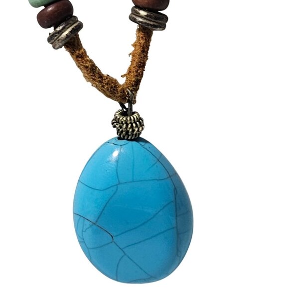 Boho Chic Faux Turquoise Necklace Pendant Beads Leather Cord Southwest Jewelry - Picture 2 of 6